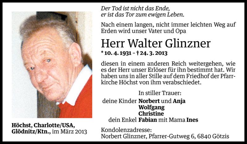  Todesanzeige für Walter Glinzner vom 28.03.2013 aus Vorarlberger Nachrichten