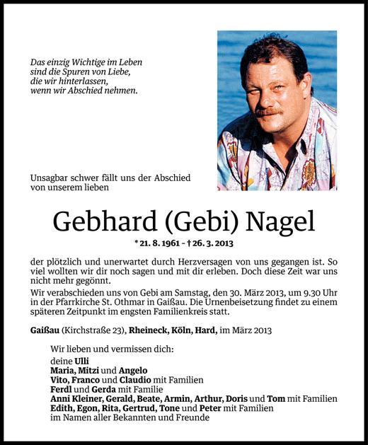 Todesanzeige von Gebhard (Gebi) Nagel von Vorarlberger Nachrichten