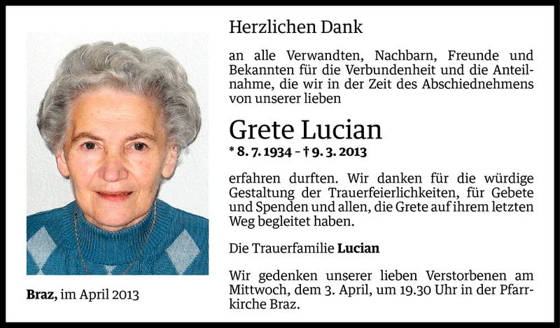  Todesanzeige für Grete Lucian vom 01.04.2013 aus Vorarlberger Nachrichten