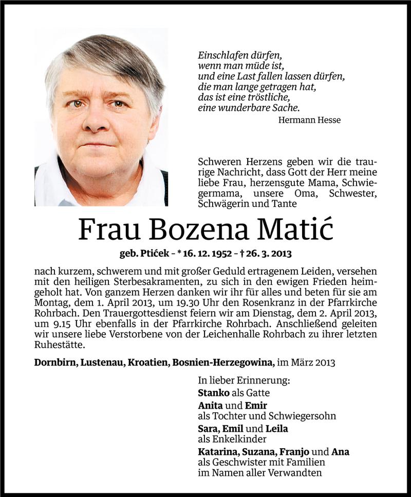  Todesanzeige für Bozena Matic vom 29.03.2013 aus Vorarlberger Nachrichten