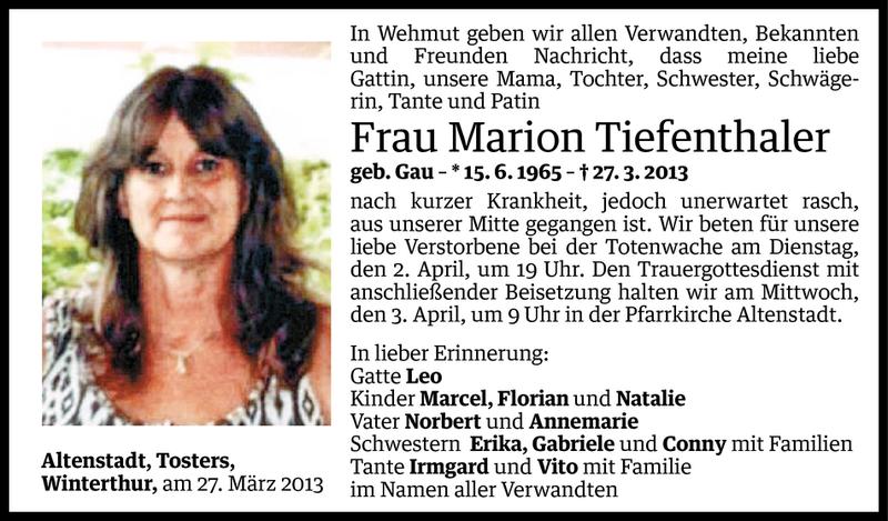  Todesanzeige für Marion Tiefenthaler vom 29.03.2013 aus Vorarlberger Nachrichten