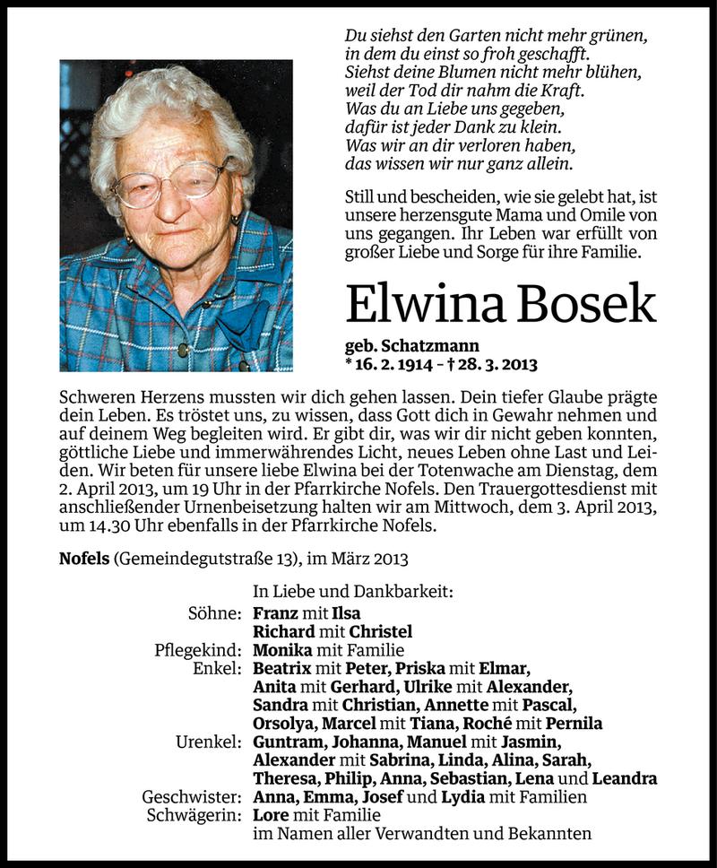  Todesanzeige für Elwina Bosek vom 29.03.2013 aus Vorarlberger Nachrichten