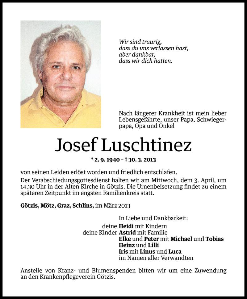  Todesanzeige für Josef Luschtinez vom 01.04.2013 aus Vorarlberger Nachrichten