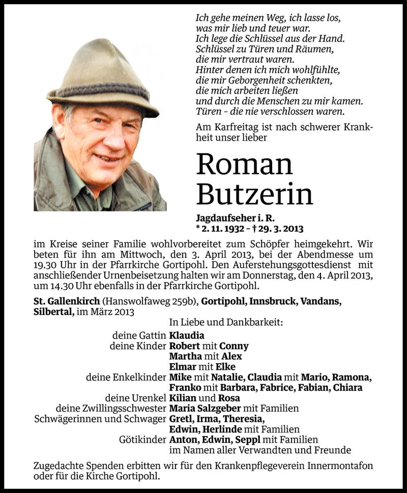  Todesanzeige für Roman Butzerin vom 01.04.2013 aus Vorarlberger Nachrichten