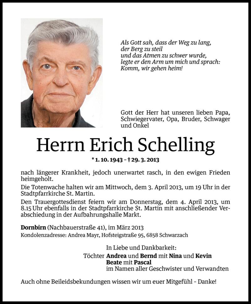  Todesanzeige für Erich Schelling vom 01.04.2013 aus Vorarlberger Nachrichten
