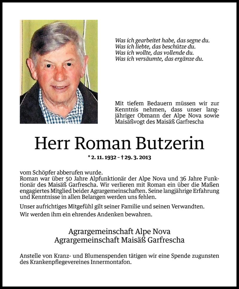  Todesanzeige für Roman Butzerin vom 01.04.2013 aus Vorarlberger Nachrichten