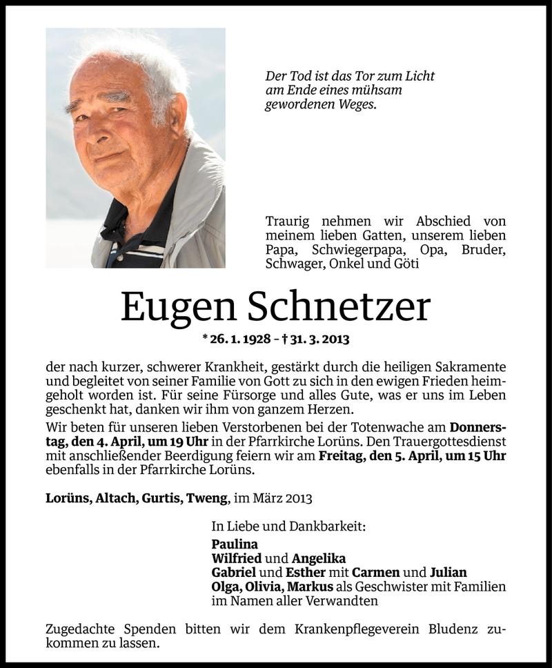  Todesanzeige für Eugen Schnetzer vom 02.04.2013 aus Vorarlberger Nachrichten