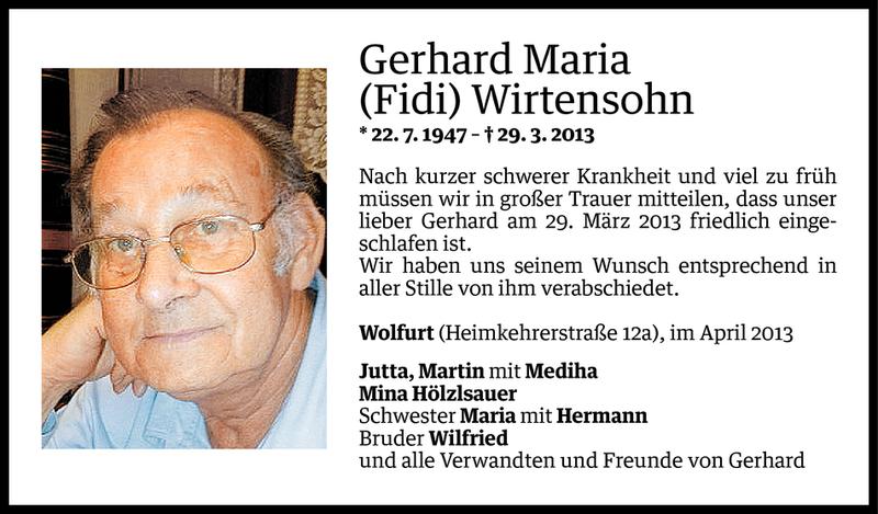  Todesanzeige für Gerhard Maria Wirtensohn vom 03.04.2013 aus Vorarlberger Nachrichten