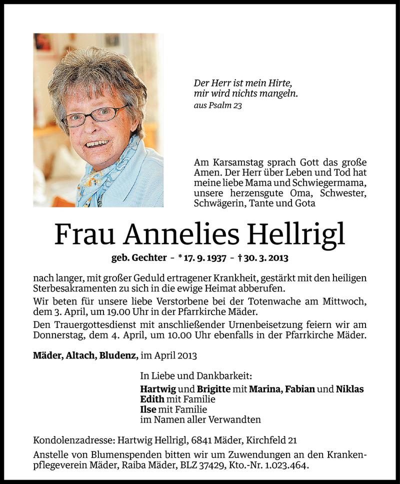  Todesanzeige für Annelies Hellrigl vom 03.04.2013 aus Vorarlberger Nachrichten