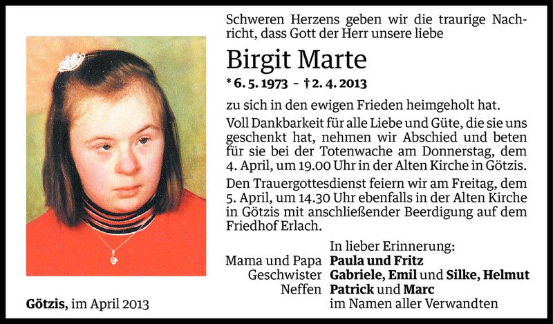  Todesanzeige für Birgit Marte vom 04.04.2013 aus Vorarlberger Nachrichten