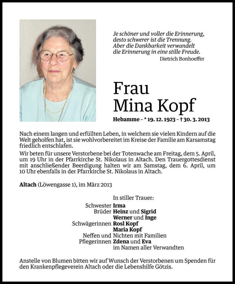  Todesanzeige für Mina Kopf vom 03.04.2013 aus Vorarlberger Nachrichten