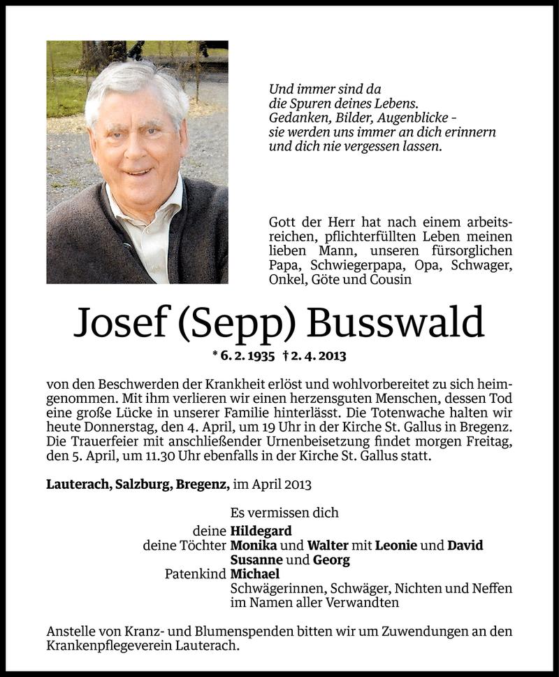  Todesanzeige für Josef (Sepp) Busswald vom 03.04.2013 aus Vorarlberger Nachrichten