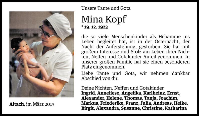  Todesanzeige für Mina Kopf vom 03.04.2013 aus Vorarlberger Nachrichten