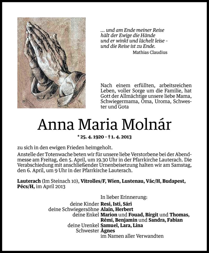  Todesanzeige für Anna Maria Molnar vom 03.04.2013 aus Vorarlberger Nachrichten