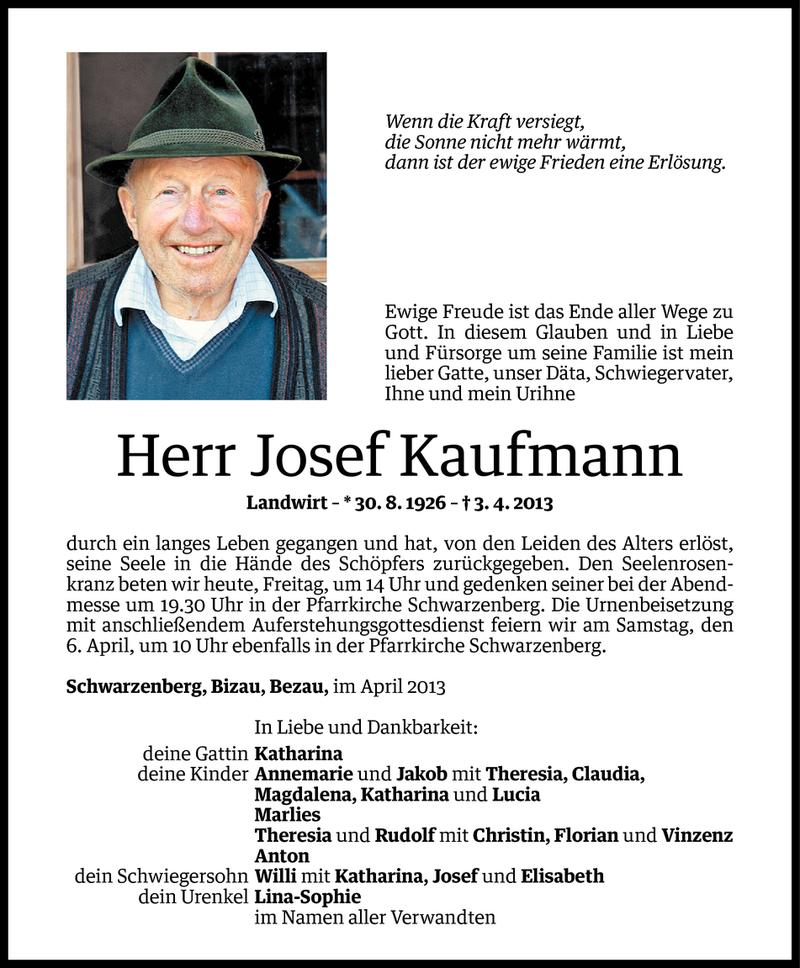  Todesanzeige für Josef Kaufmann vom 04.04.2013 aus Vorarlberger Nachrichten