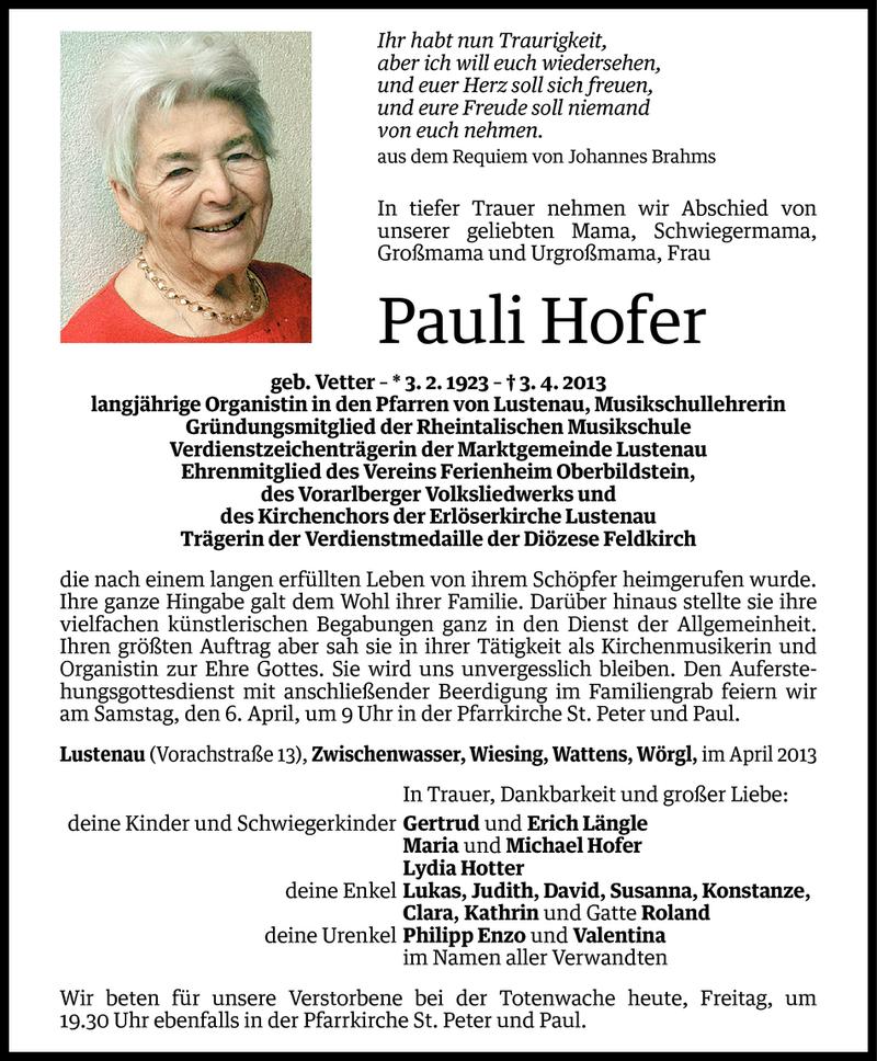  Todesanzeige für Pauli Hofer vom 04.04.2013 aus Vorarlberger Nachrichten