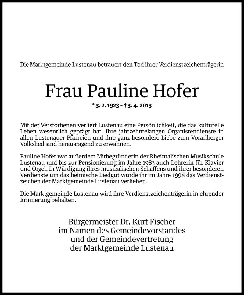  Todesanzeige für Pauli Hofer vom 04.04.2013 aus Vorarlberger Nachrichten