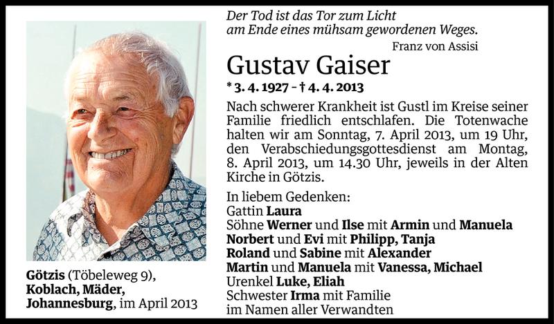  Todesanzeige für Gustav Gaiser vom 05.04.2013 aus Vorarlberger Nachrichten