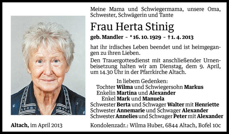  Todesanzeige für Herta Stinig vom 08.04.2013 aus Vorarlberger Nachrichten