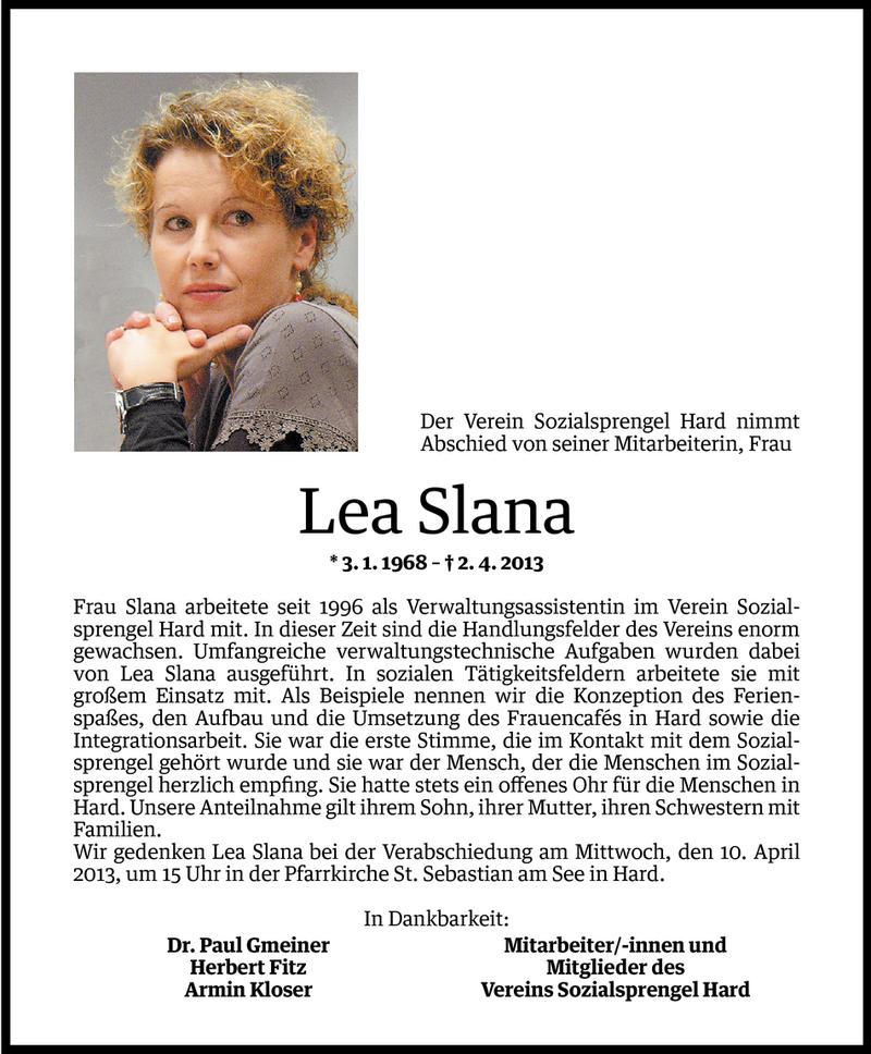  Todesanzeige für Lea Slana vom 07.04.2013 aus Vorarlberger Nachrichten