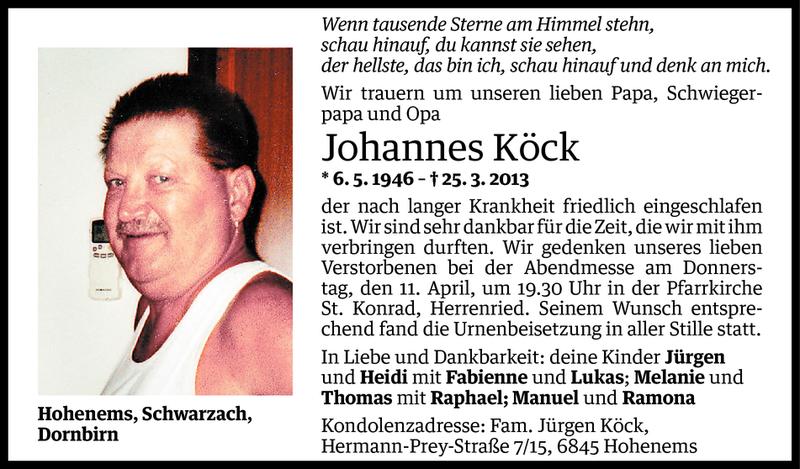  Todesanzeige für Johannes Köck vom 09.04.2013 aus Vorarlberger Nachrichten