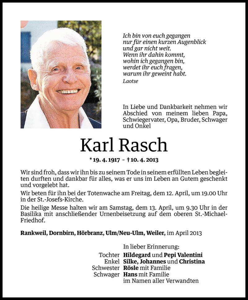 Todesanzeige für Karl Rasch vom 11.04.2013 aus Vorarlberger Nachrichten