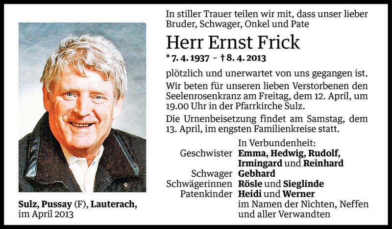 Todesanzeige für Ernst Frick vom 11.04.2013 aus Vorarlberger Nachrichten