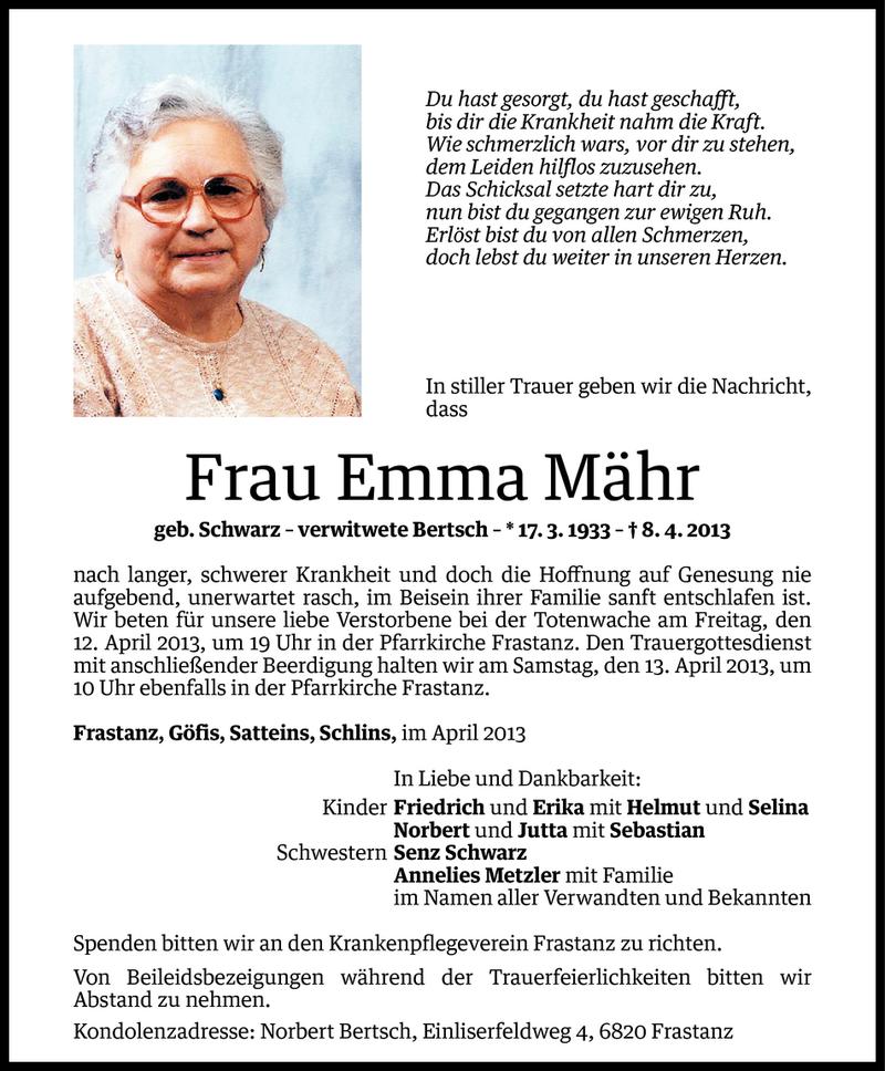  Todesanzeige für Emma Mähr vom 10.04.2013 aus Vorarlberger Nachrichten