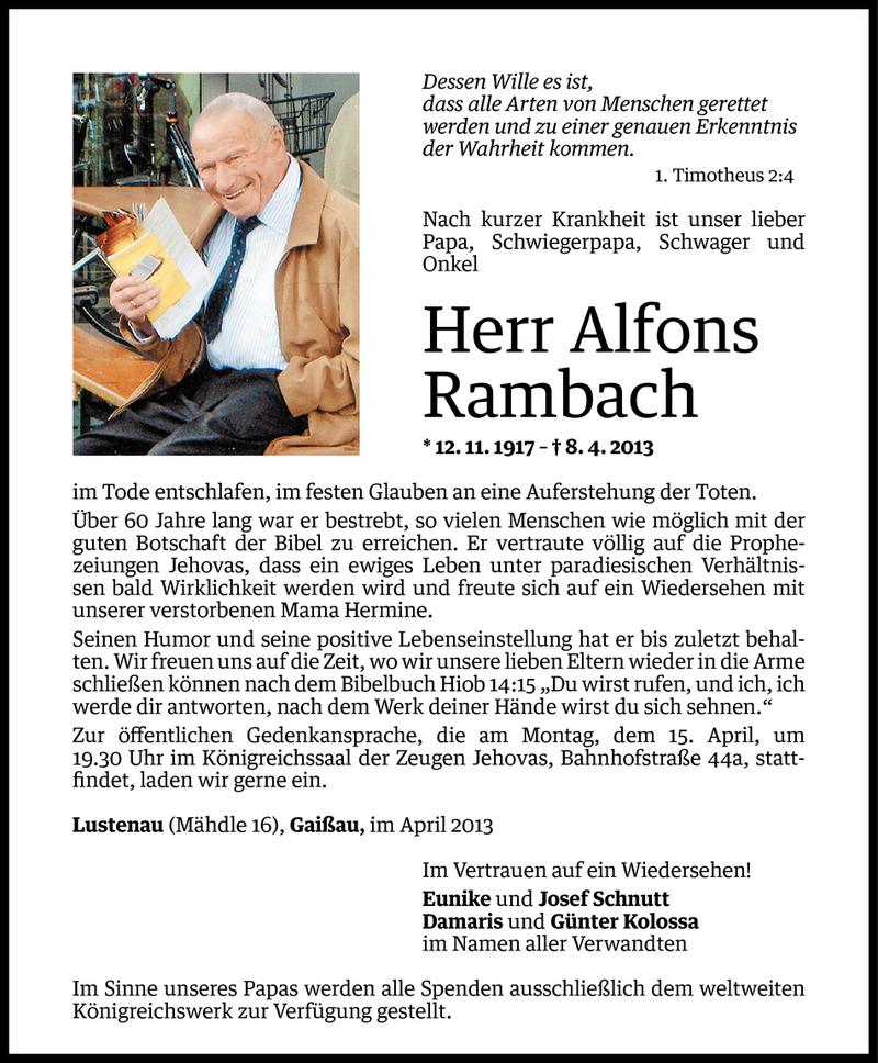  Todesanzeige für Alfons Rambach vom 11.04.2013 aus Vorarlberger Nachrichten