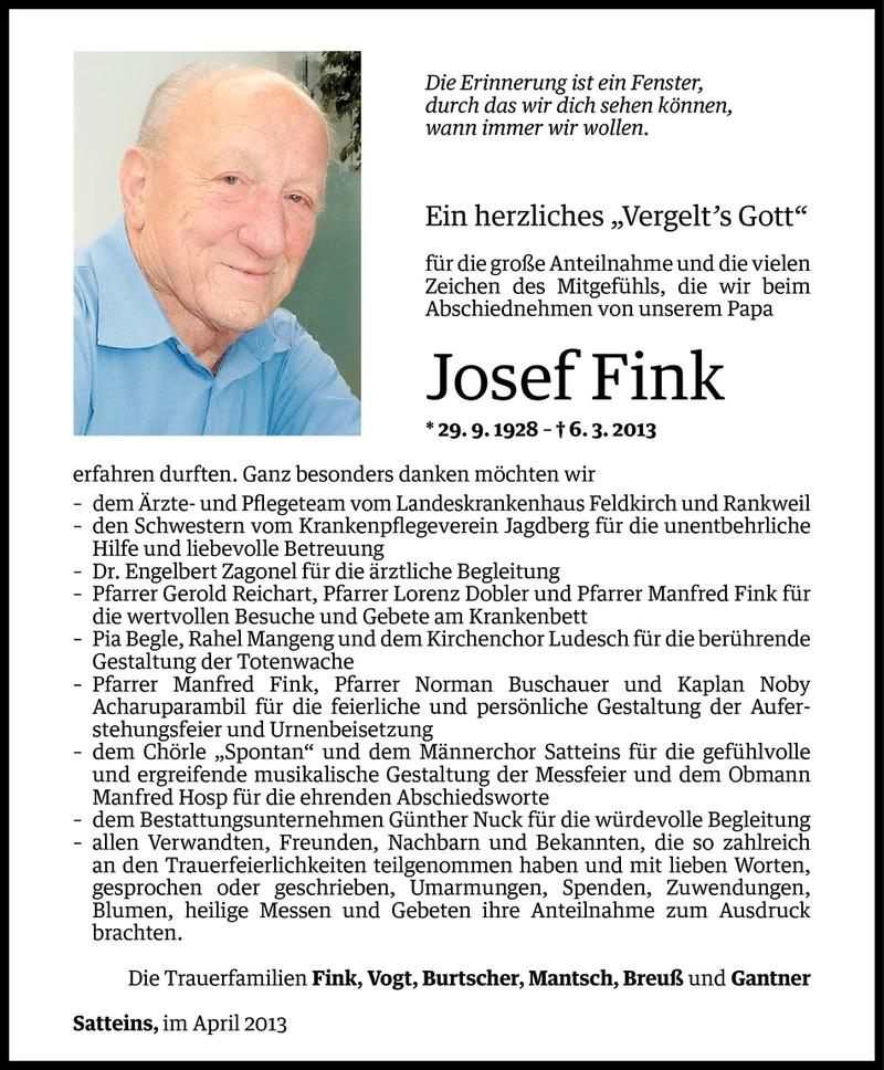  Todesanzeige für Josef Fink vom 11.04.2013 aus Vorarlberger Nachrichten