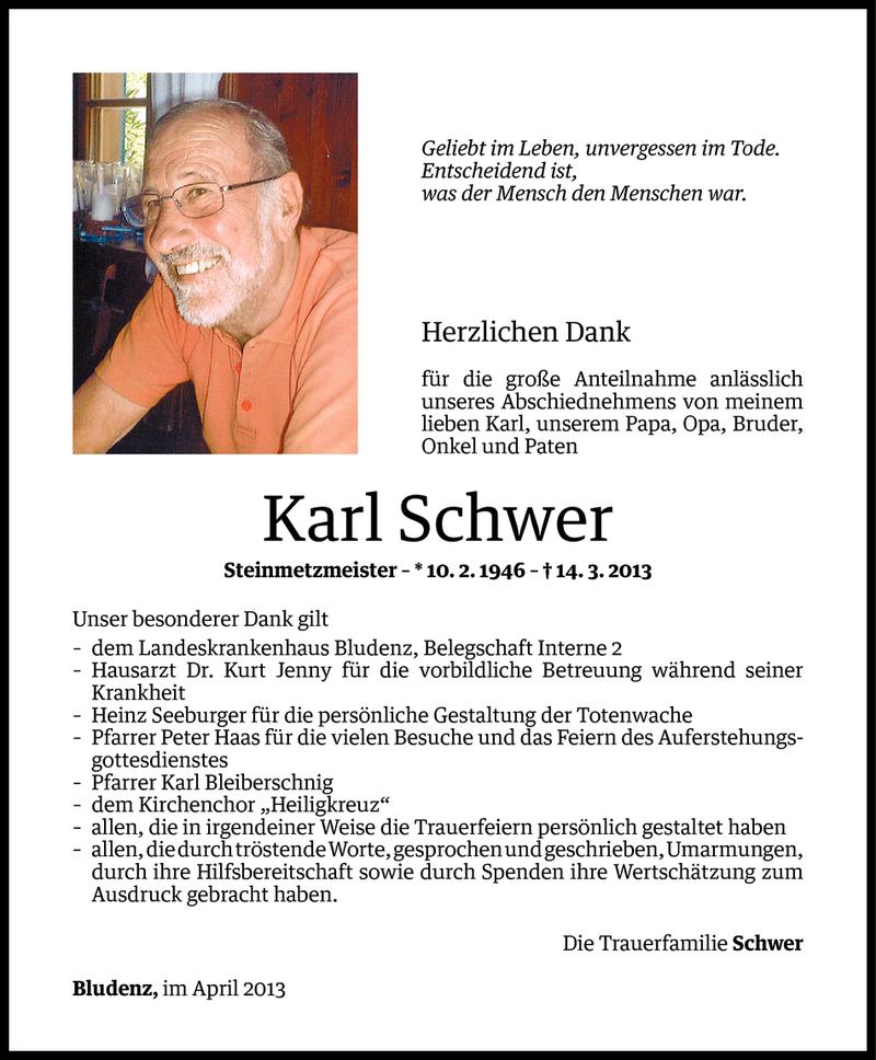 Todesanzeige für Karl Schwer vom 11.04.2013 aus Vorarlberger Nachrichten