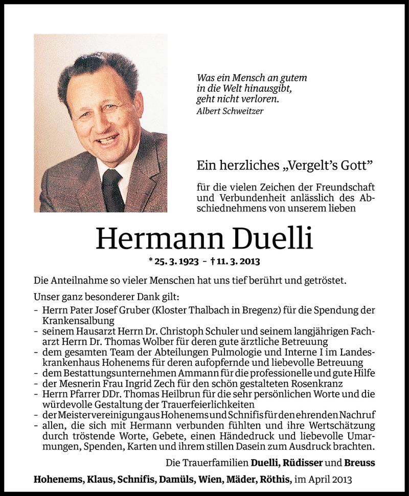  Todesanzeige für Hermann Duelli vom 12.04.2013 aus Vorarlberger Nachrichten