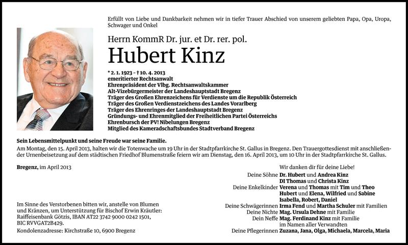  Todesanzeige für DDr. Hubert Kinz vom 11.04.2013 aus Vorarlberger Nachrichten