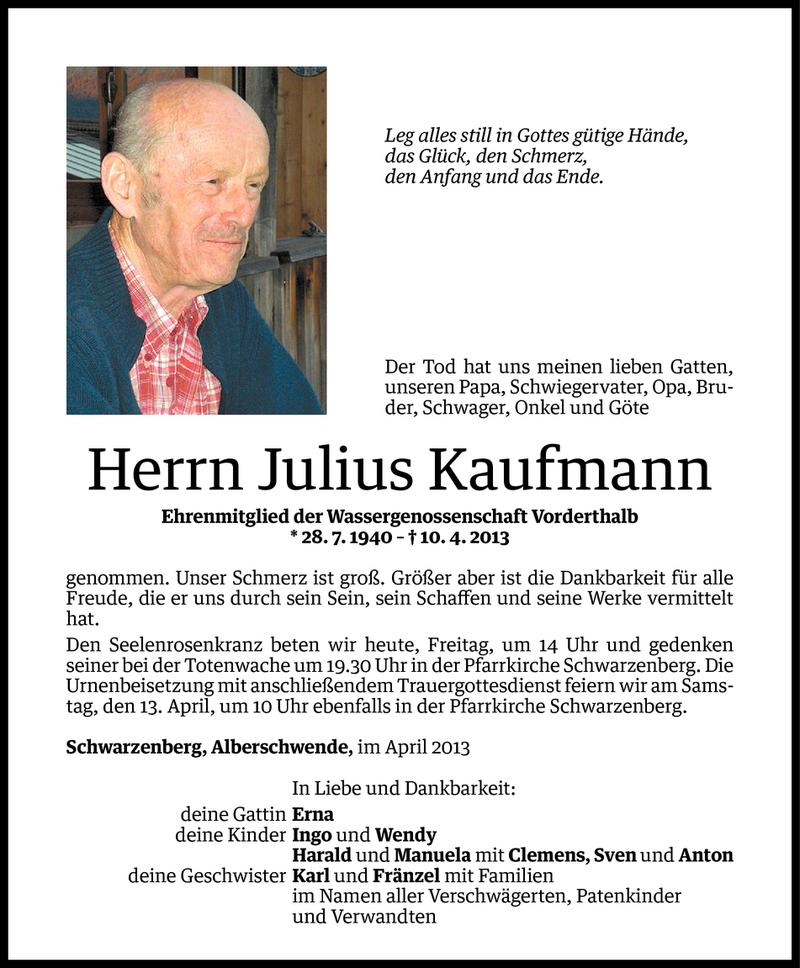  Todesanzeige für Julius Kaufmann vom 11.04.2013 aus Vorarlberger Nachrichten