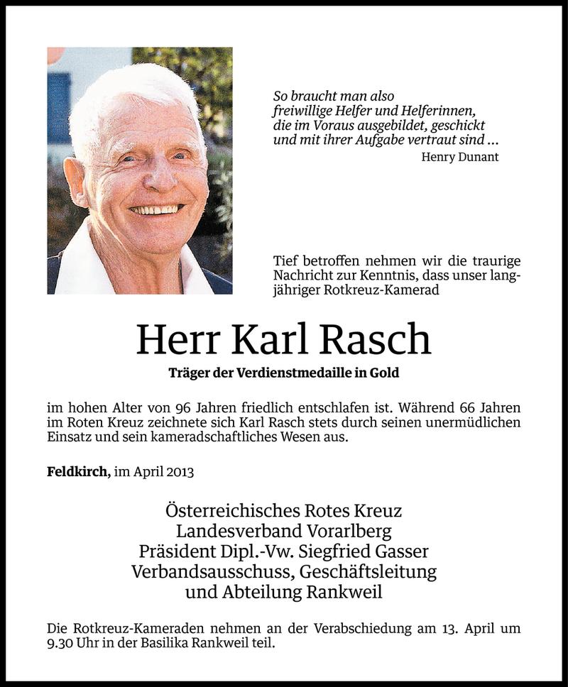  Todesanzeige für Karl Rasch vom 11.04.2013 aus Vorarlberger Nachrichten