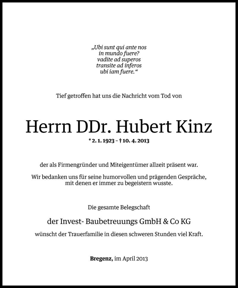  Todesanzeige für DDr. Hubert Kinz vom 11.04.2013 aus Vorarlberger Nachrichten