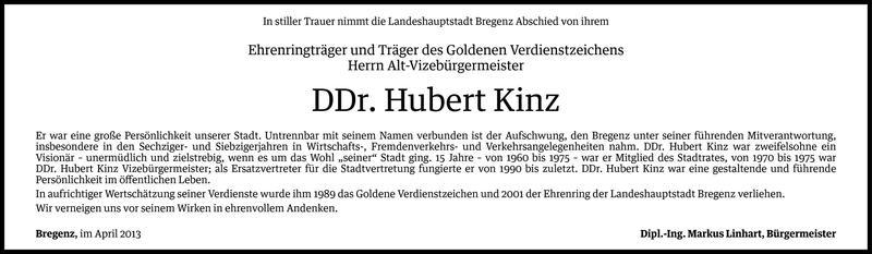  Todesanzeige für DDr. Hubert Kinz vom 11.04.2013 aus Vorarlberger Nachrichten