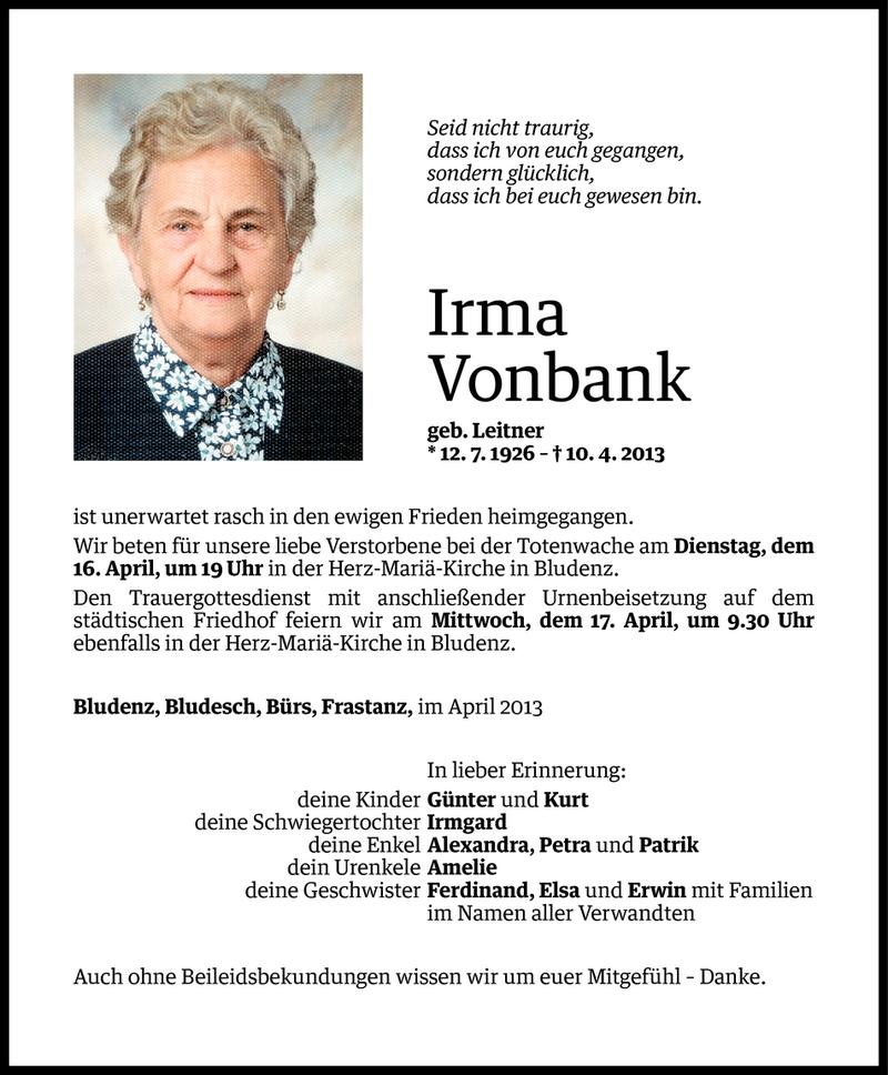  Todesanzeige für Irma Vonbank vom 15.04.2013 aus Vorarlberger Nachrichten