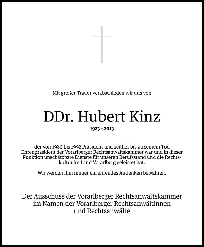  Todesanzeige für DDr. Hubert Kinz vom 11.04.2013 aus Vorarlberger Nachrichten