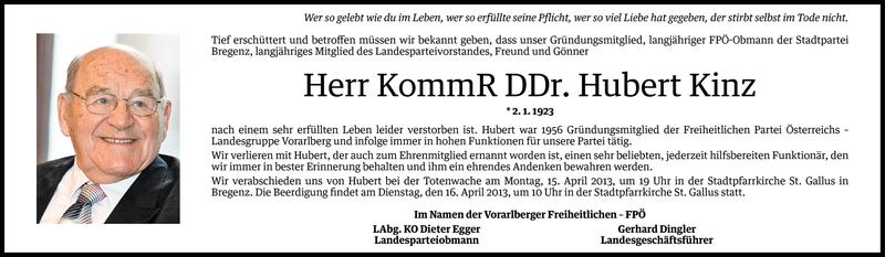  Todesanzeige für DDr. Hubert Kinz vom 11.04.2013 aus Vorarlberger Nachrichten