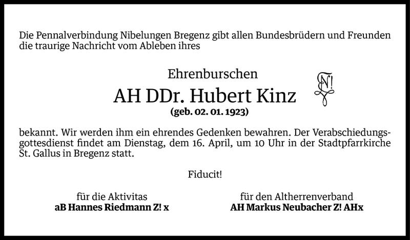  Todesanzeige für DDr. Hubert Kinz vom 10.04.2013 aus Vorarlberger Nachrichten