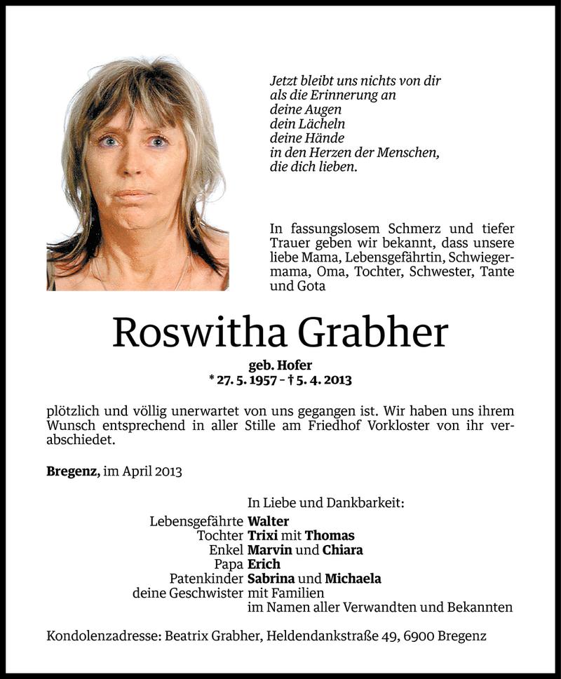  Todesanzeige für Roswitha Grabher vom 15.04.2013 aus Vorarlberger Nachrichten