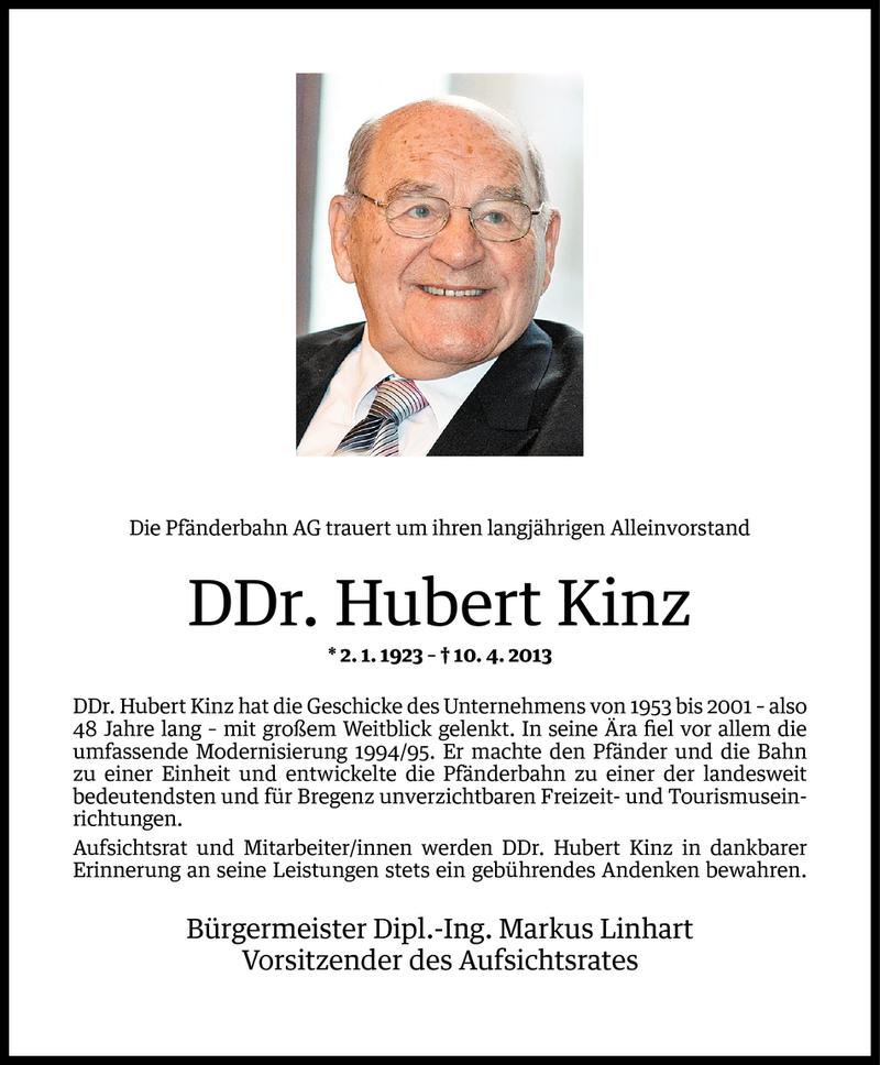  Todesanzeige für DDr. Hubert Kinz vom 12.04.2013 aus Vorarlberger Nachrichten