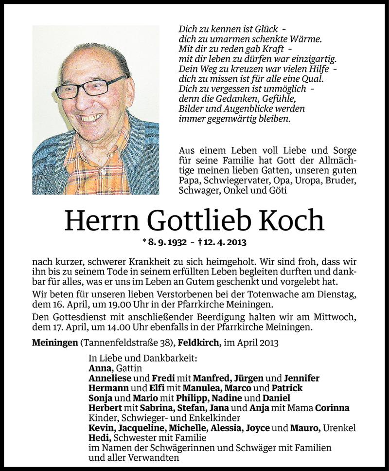  Todesanzeige für Gottlieb Koch vom 13.04.2013 aus Vorarlberger Nachrichten