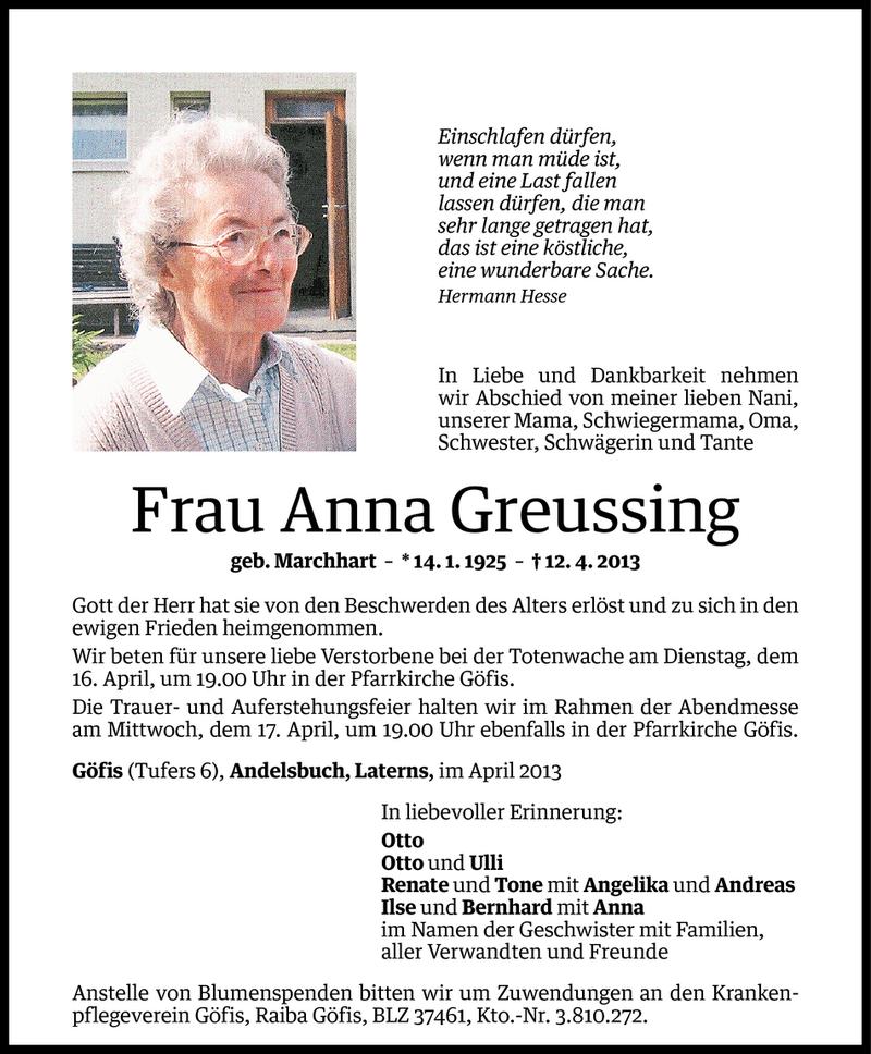  Todesanzeige für Anna Greussing vom 13.04.2013 aus Vorarlberger Nachrichten