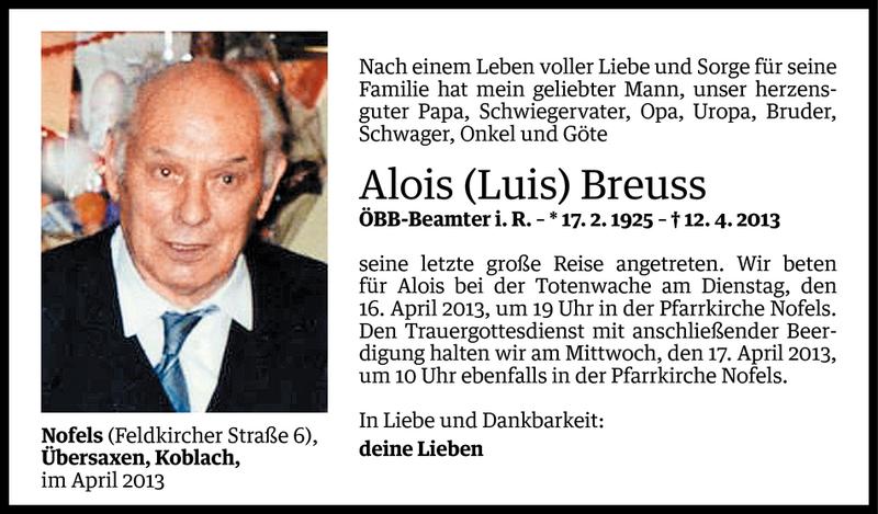  Todesanzeige für Alois (Luis) Breuss vom 14.04.2013 aus Vorarlberger Nachrichten