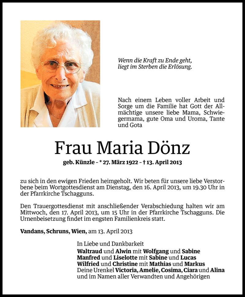  Todesanzeige für Maria Dönz vom 14.04.2013 aus Vorarlberger Nachrichten