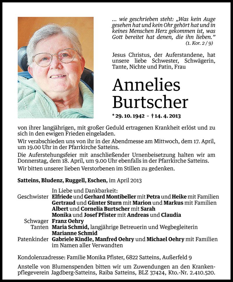  Todesanzeige für Annelies Burtscher vom 16.04.2013 aus Vorarlberger Nachrichten