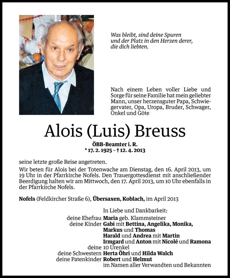  Todesanzeige für Alois (Luis) Breuss vom 15.04.2013 aus Vorarlberger Nachrichten