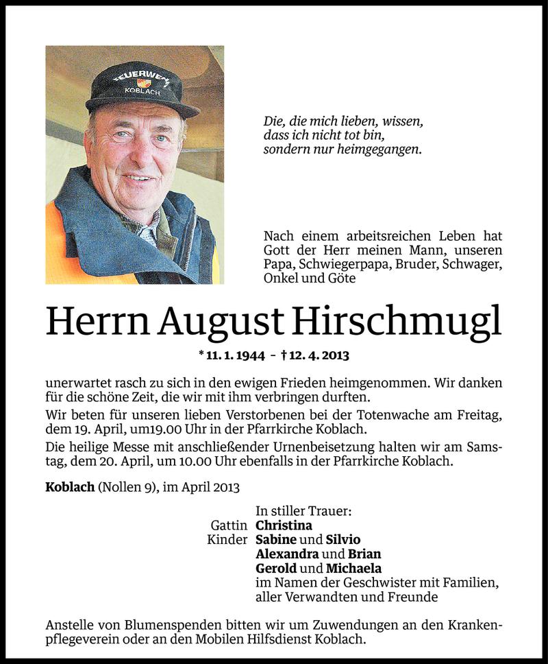  Todesanzeige für August Hirschmugl vom 17.04.2013 aus Vorarlberger Nachrichten